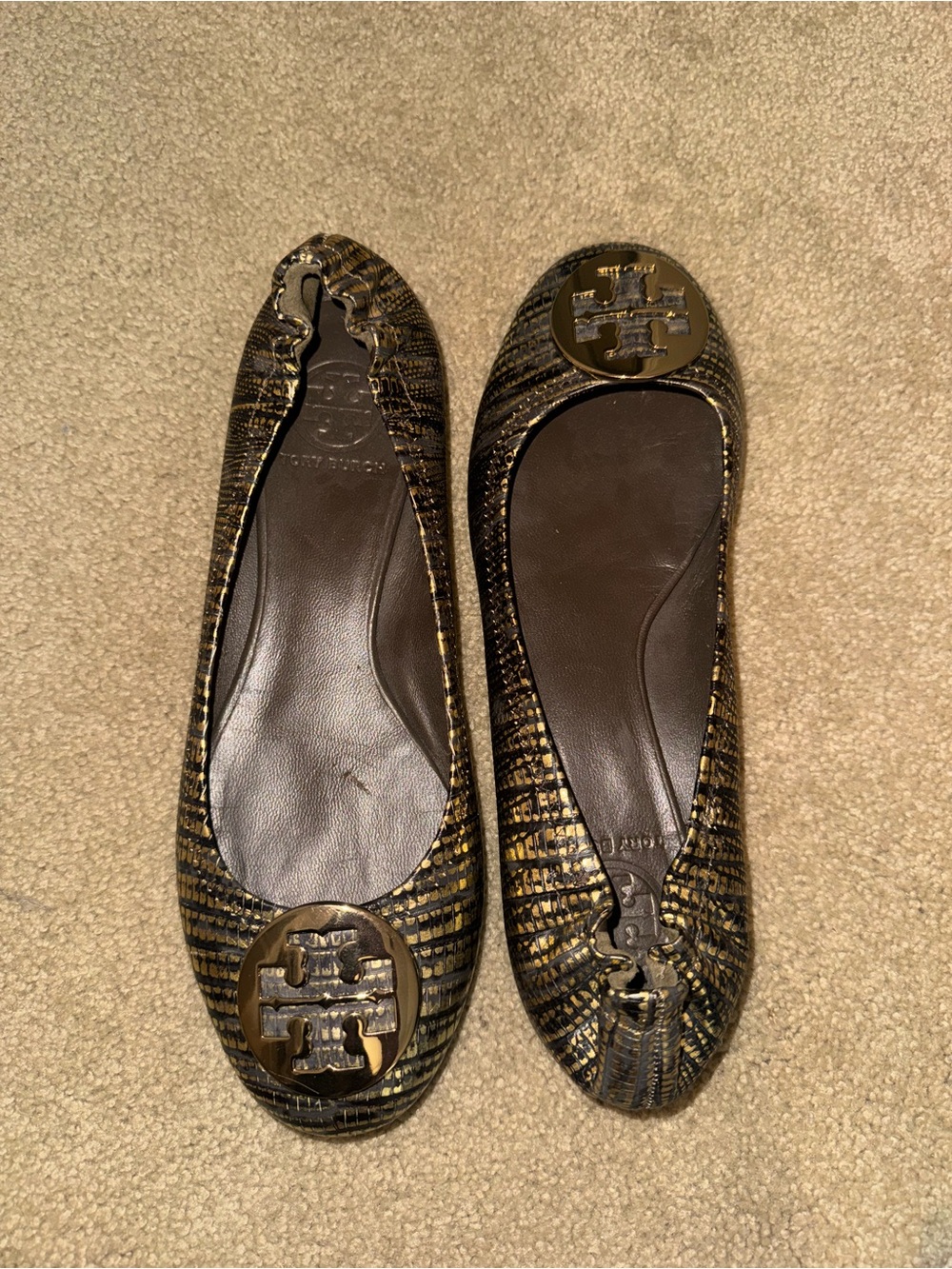 Tory Burch Black and Gold Textured Logo Ballet Flats